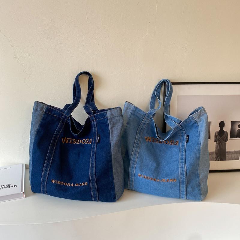 New Casual Denim Bag Women Large Capacity Shoulder Bag Letter Embroidery Denim Tote Bag