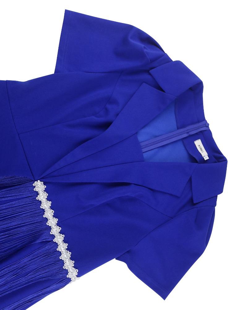 Blue Plus Size A Line Midi Dress for Women with Lapel Neck and Fringe Waist Detail for Church Formal Luncheons  Elegant Day Events