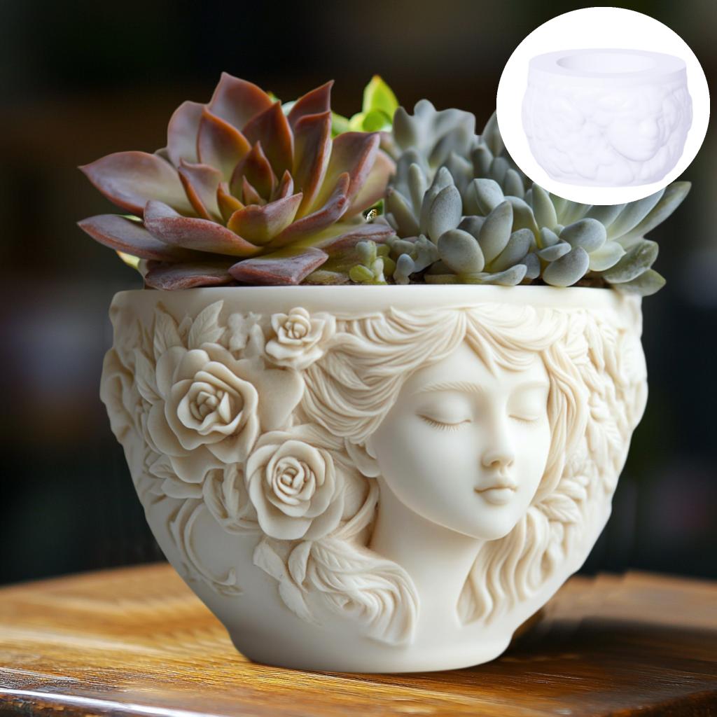 Goddess relief round succulent plant flowerpot resin silicone mould long haired rose woman flowerpot  storage box gypsum molds