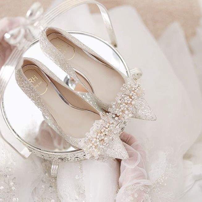 Silver wedding shoes bride shoes 2025 new high heels women's thin heels Xiuhe two wear main wedding dress crystal shoes sequined diamonds