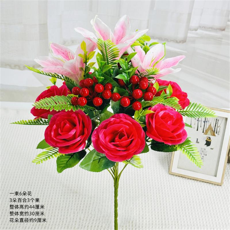 

Simulated Flower New Cross border Fake Flower Bouquet with 12 Lilies and Roses Combination 1pcs рожевий червоний колір
