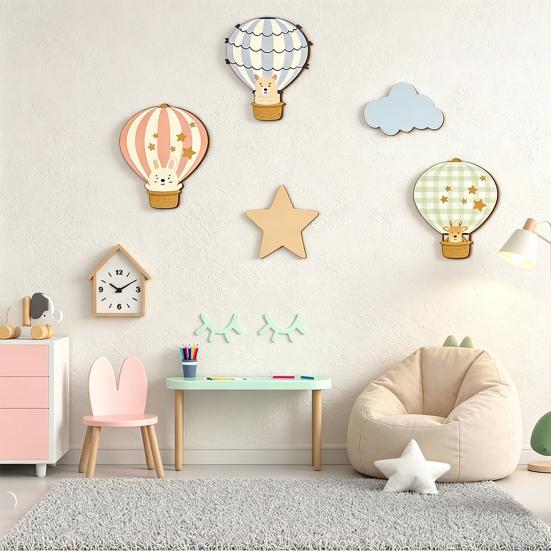 5 Pcs Star Cloud Hot Air Balloon Nursery Decor Boho Wooden Wall Hanging Sign for Bedroom Classroom Playroom Baby Shower Decoration