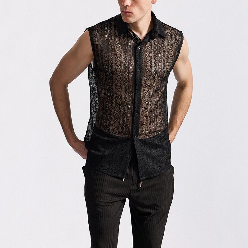 Summer Men's Mesh Lace Knit Shirt Streetwear Hollow-Out Sleeveless Dance Perspective Shirts Nightclub Disco Performance Tops