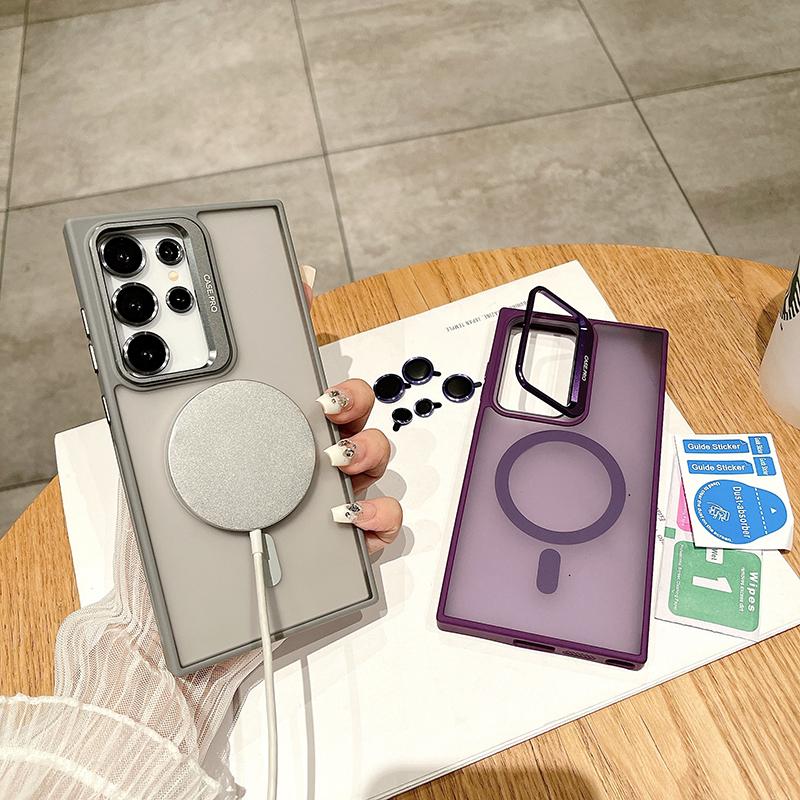 For Magsafe Magnetic Wireless Charging Metal Lens Holder TPU Frame Phone Case For Samsung S24 Ultra Plus Matte PC Back Cover