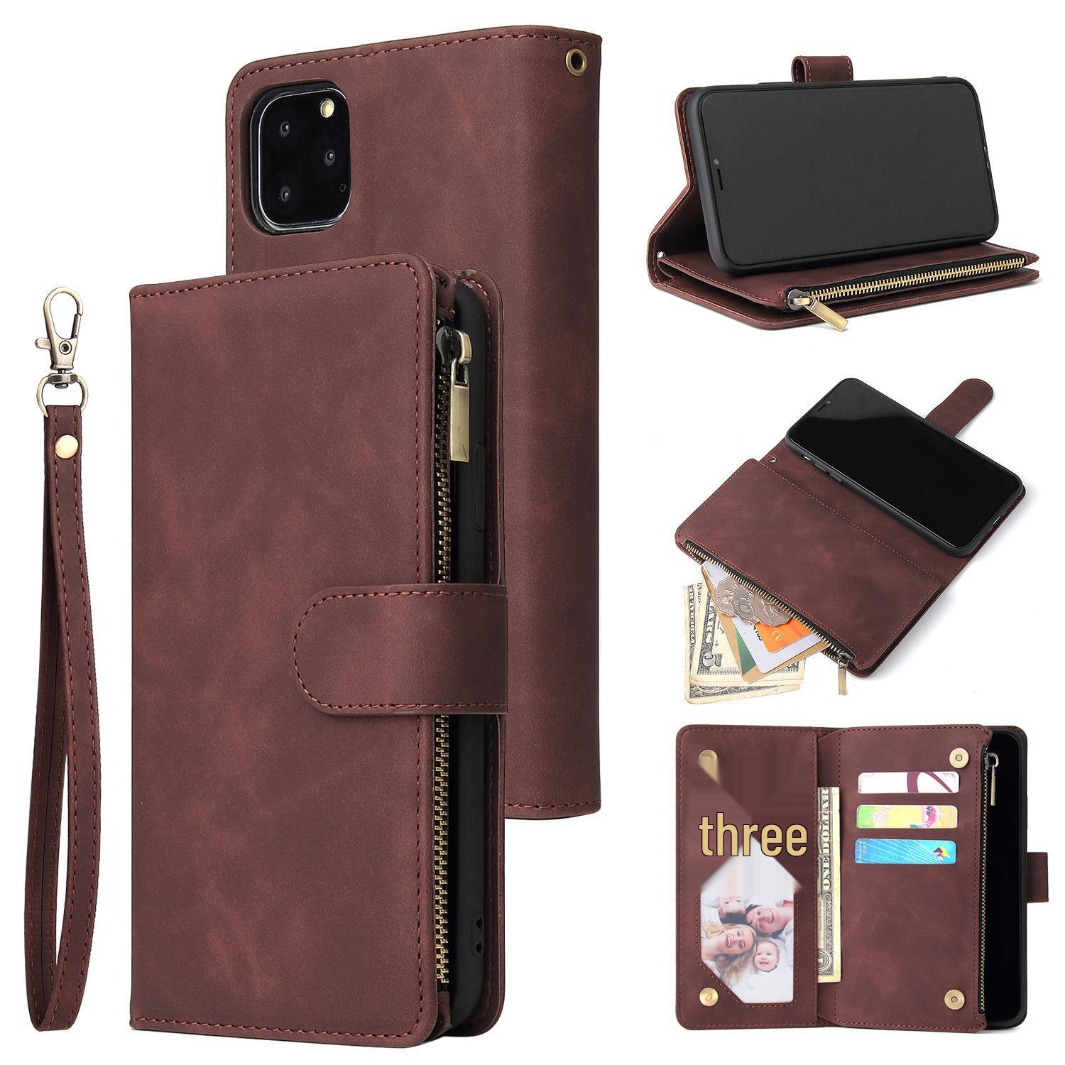 

Кожаный кошелек-чехол на молнии для телефона с подставкой для iPhone 12/XS Samsung S22 Plus кофейный