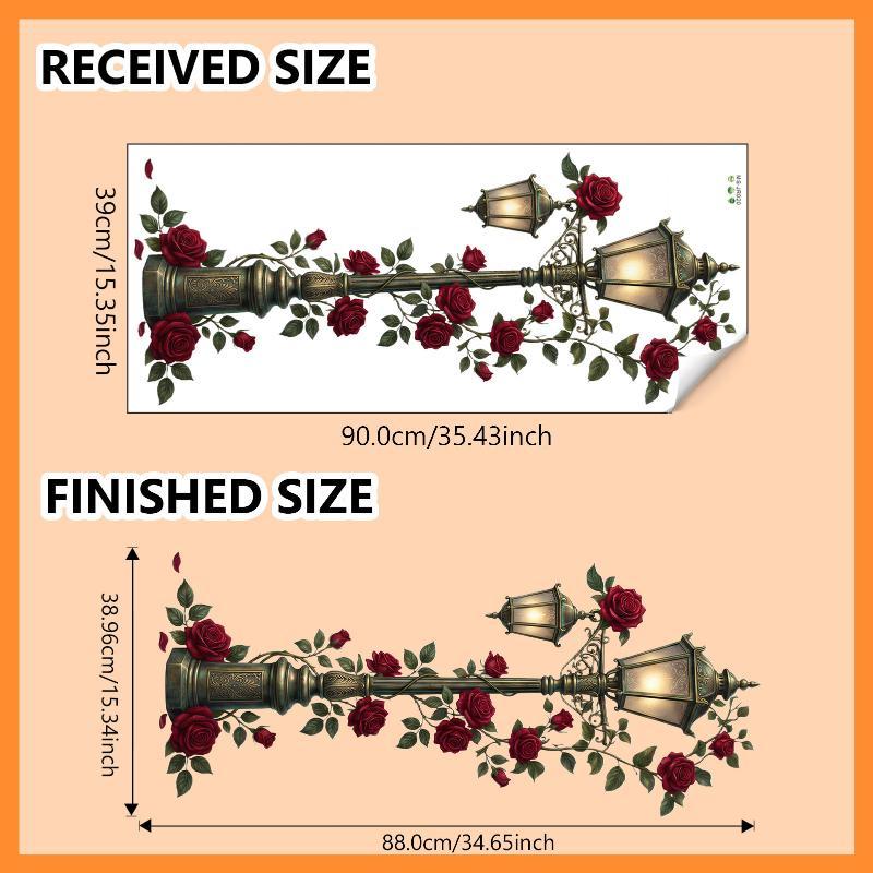 Vintage Street Lamp Wall Decal Red Rose Vine Self Adhesive For Living Room Bedroom Home Wall Decor