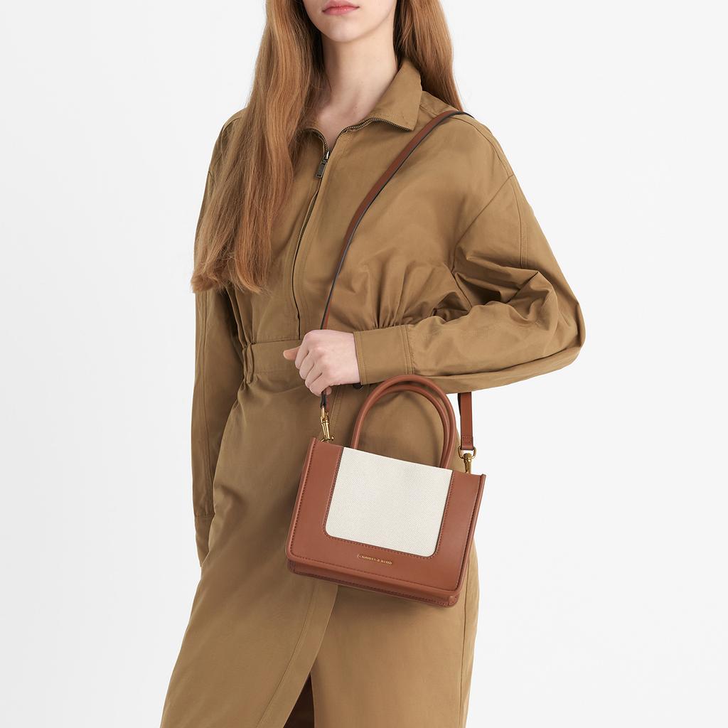 New CHARLES&KEITH PU/fabric Shoulder Bag, Crossbody Bag, Handbag Medium Size Women's Dark Denim Blue/Tan Tea Brown CK2-30701396-1-NEW