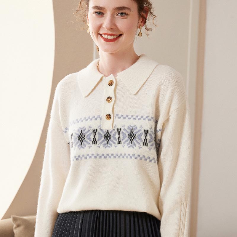 Women's Light Luxury Cashmere Polo Neck Sweater - Loose Fit Wool Knit Pullover