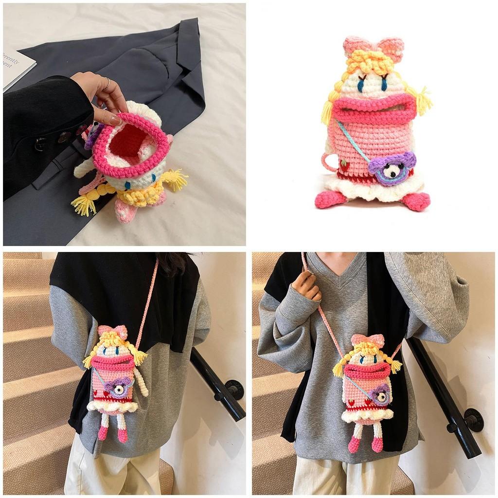 Cute And Comfy Pink Knitted Crossbody Bag For Children Featuring Cartoon Characters