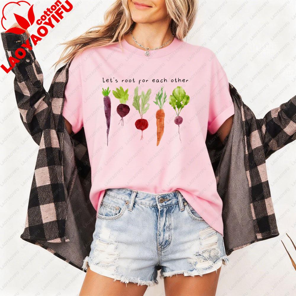 Root Vegetables Lets Root for Each Other Women TShirt Cotton Short Sleeve Vegetables Club Casual Fashion Summer Tops