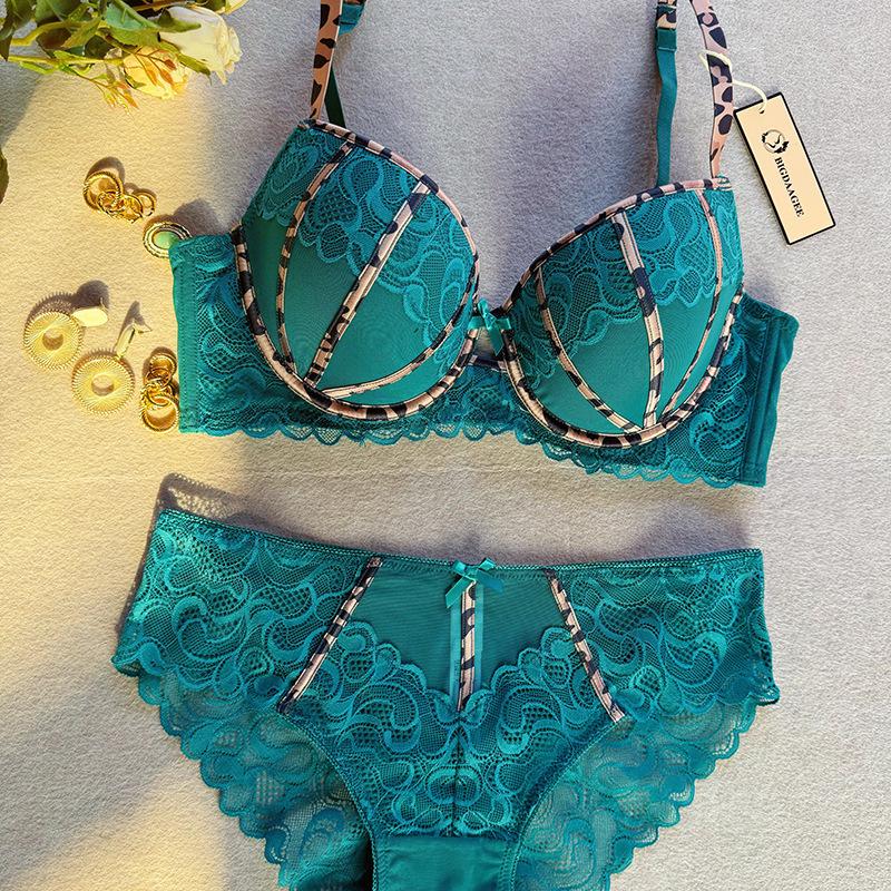 Europe Sexy Push Up Bra Set Women Lace Embroidery Lingerie Fashion Leopard Print Adjustable Strap Bra DE Cup Plus Size Underwear