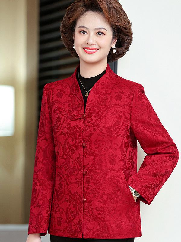 

Elegant Year of the Rat Tang Suit: Spring/Autumn Stand-up Collar Jacket for Middle-aged Women 4XL (160-170 jin) красный