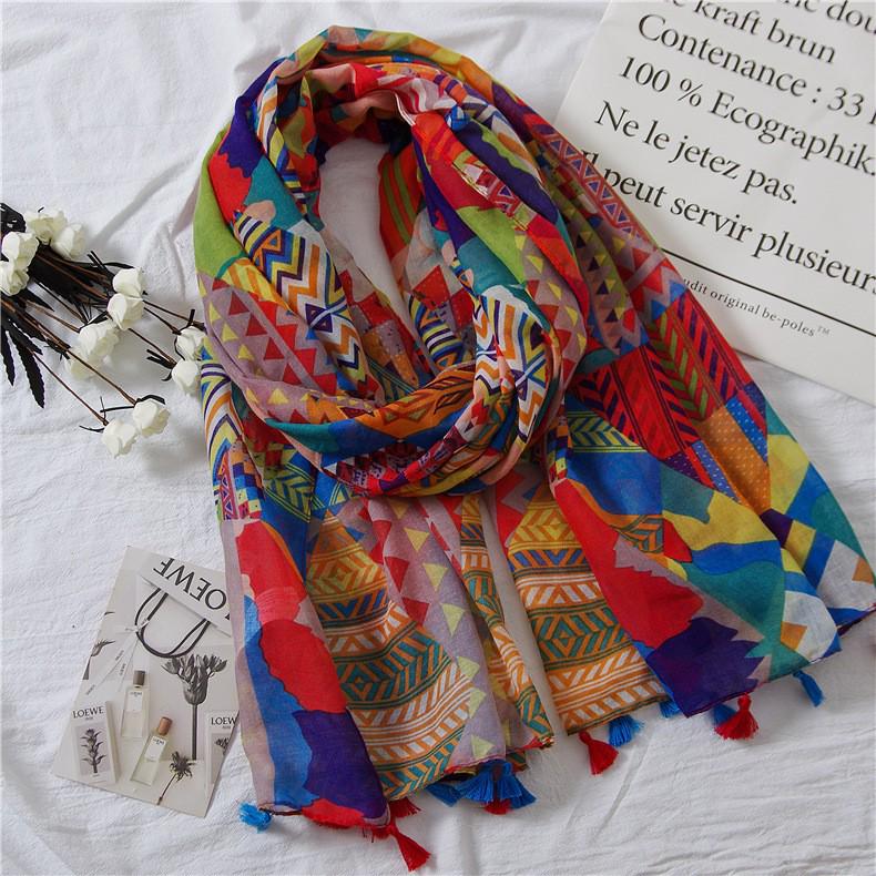 Japanese-Style Cotton & Linen Bohemian Scarf - Cashew Print and Silk Blend, Retro Artistic Design, Sunscreen Towel