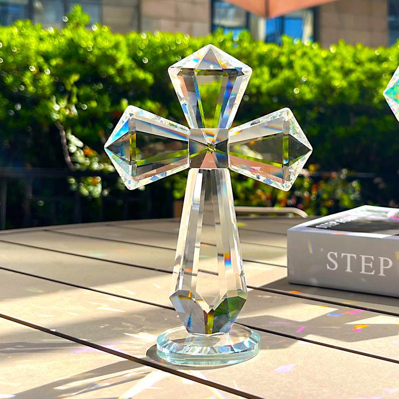 Crystal Cross Ornament Craft, Spiritual Home Decor for Living Room Bedroom Entryway, Religious Art Statue