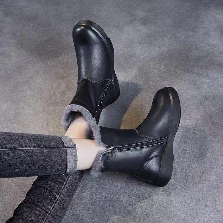 Warm Velvet Cotton Boots Women's Winter New Boots Soft Leather Flat Non-slip Snow Boots Women's Cotton Shoes