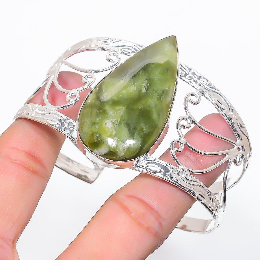 

Natural Nephrite Gemstone 925 Sterling Silver Cuff Bangle Adjustable J3J11