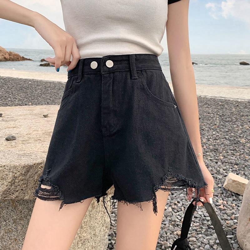 

Классическая и Минималистичная Мода Универсальные Летние Женские Шорты Деним с Завышенной Талией Тонкие на Год Тонкие Большие Размеры Свободные А-силуэта Широкие 2XL чёрный