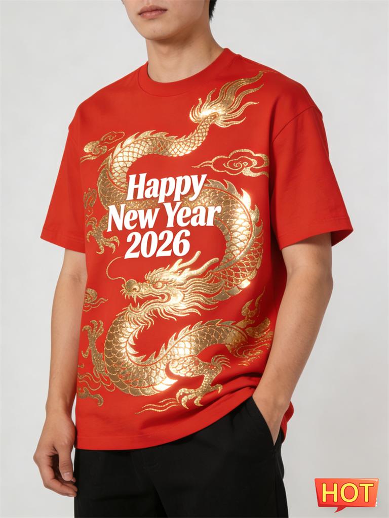 Simple Fashion New Year T Shirts For Men Trendy Holiday Wear 3D Printed Short Sleeve Tshirts Loose Streetwear Crew Neck Tees