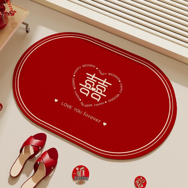 Festive Red Diatomaceous Earth Water-Absorbing Anti-Slip Oval Bathroom Mat 40*60cm