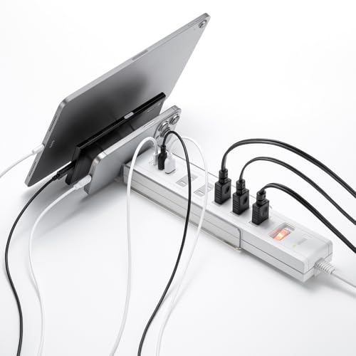 Sanwa Supply USB Charging Power Strip with Stand (2-Pin, 5 Outlets, 1.5m, White) TAP-B47UC-15W
