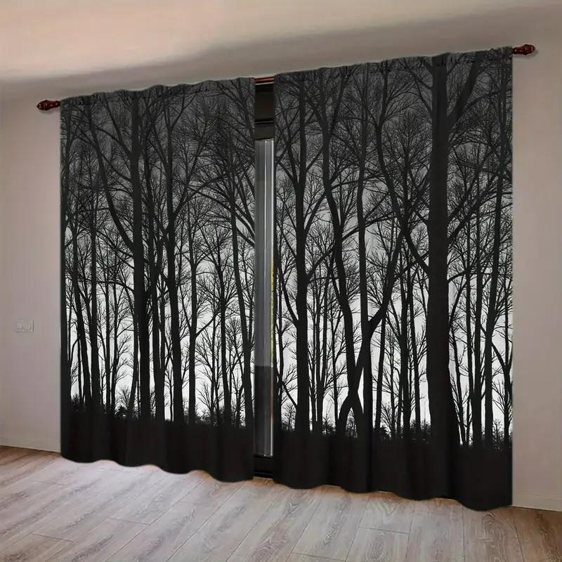 Set Of 2 Jit Forest Silhouette Curtain Privacy Window Drapes Polyester Living Room Bedroom Decor Blackout With Rod Pocket Ideal For Great