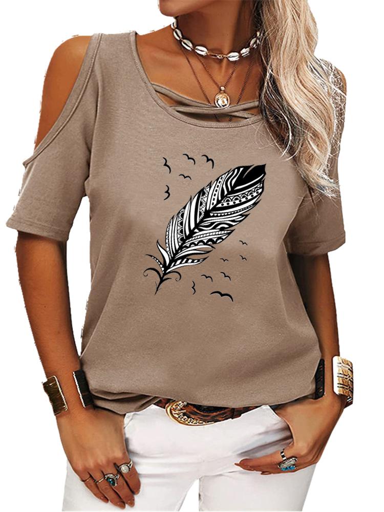 Women Fashion Short Sleeve T-shirt Casual Round Collar Summer Print Off Shoulder Top