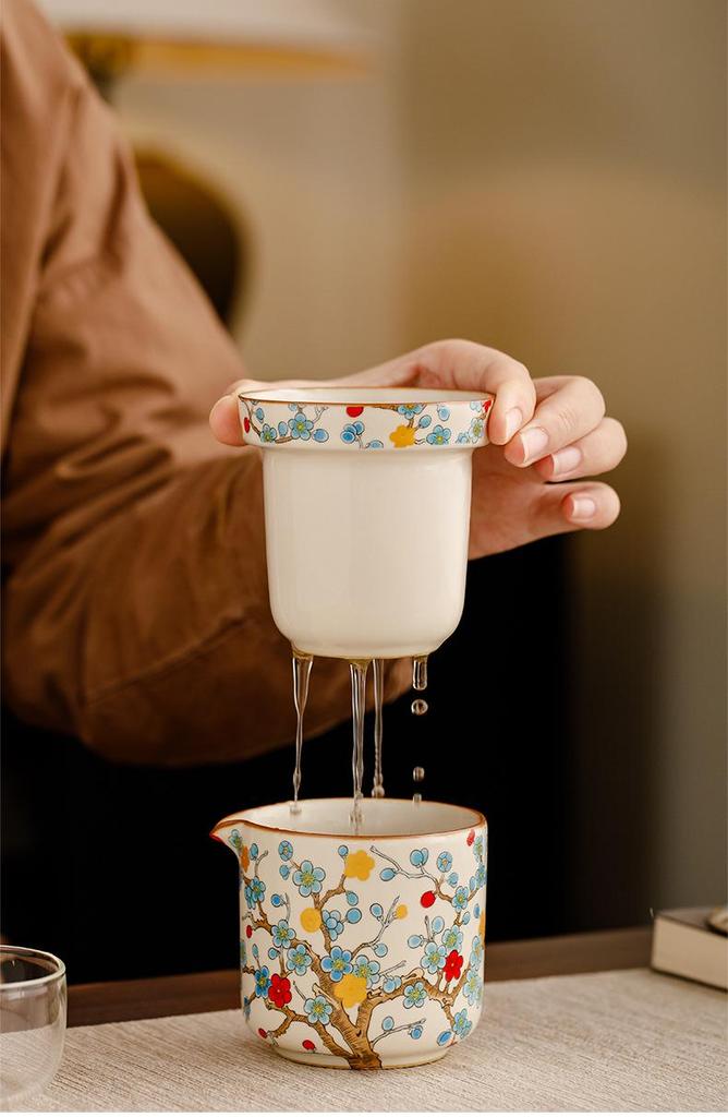 Golden Plum Ru Kiln Portable Tea Set: Quick-Brew Pot with Four Cups for Outdoor Camping and Kung Fu Tea