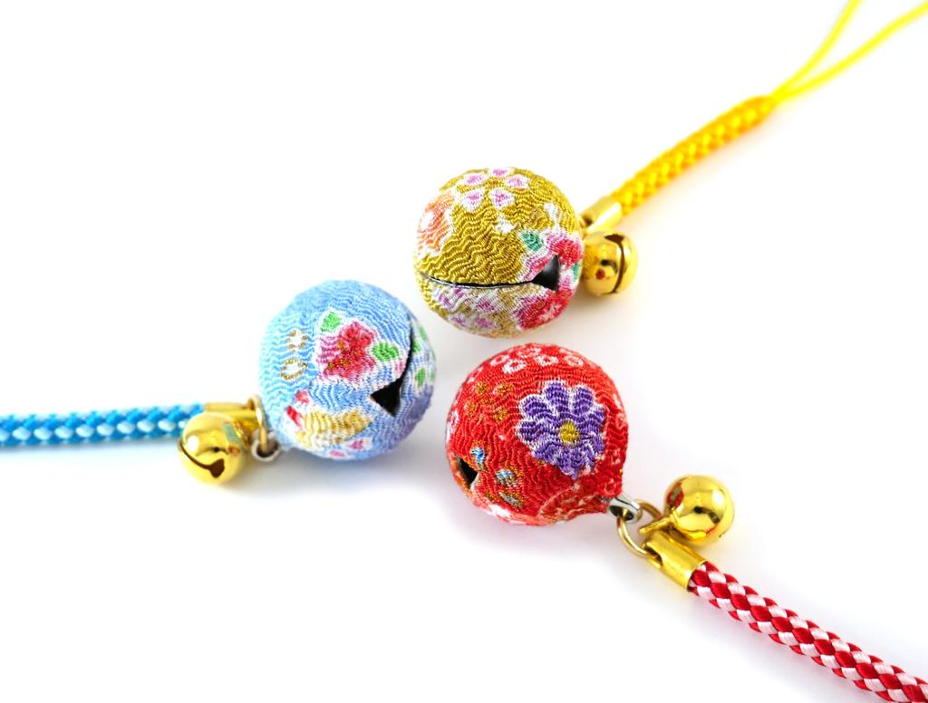 [Zune] Blume Chirimen Glocke (20 mm Durchmesser, 8 mm Durchmesser) Japanischer Chirimen Netsuke Anhänger Schlüsselanhänger Mittlere Glocke (3er Set (Weißes Indigo, Senf,