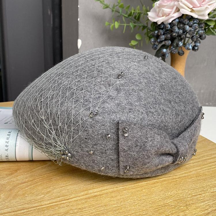 French British Retro Woolen Top Hat Autumn And Winter Bow Mesh Yarn Hat Styling Bud Hat Female Elegant Stewardess Hat