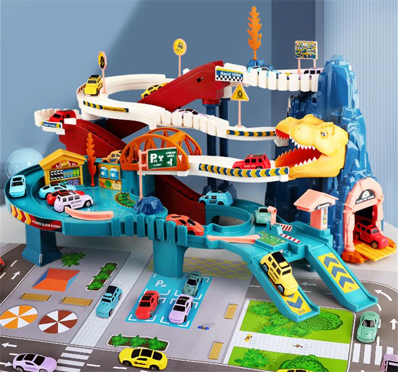 Elektrische Schienenfahrzeug Gebäude Parkplatz Abenteuer Dinosaurier Kurvige Straße Rennbahnfahrzeug Spielzeug Kinder Gehirn Mechanisches Spielzeug Geschenke