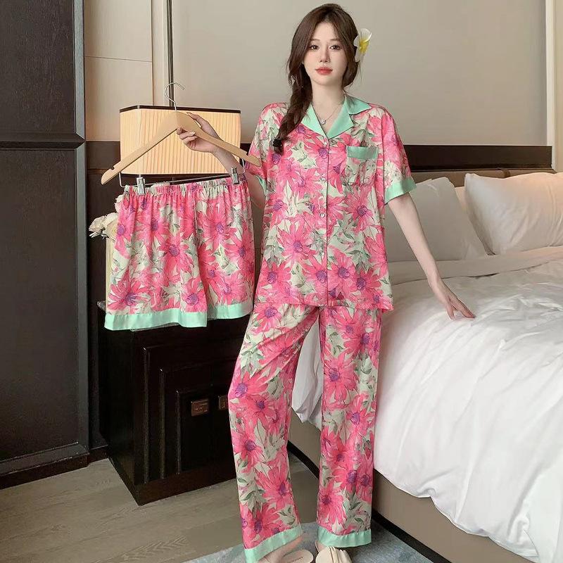 Miss Dong 1011 new pajamas women's summer ice silk lapel three-piece set of high-end Internet celebrity loungewear