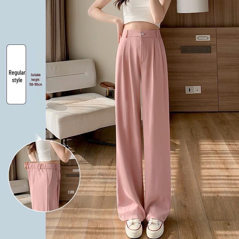Women's 145cm Pink Ice Silk Wide-Leg High-Waist Pants - Petite, Summer, Thin, Straight Leg.