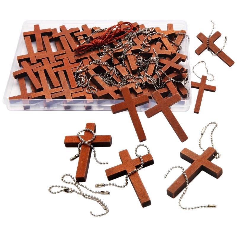 70Pcs Wooden Crossed Shape Pendant Bag Ornament with Beaded Chain for Christmas Tree Decoration Festival Celebration