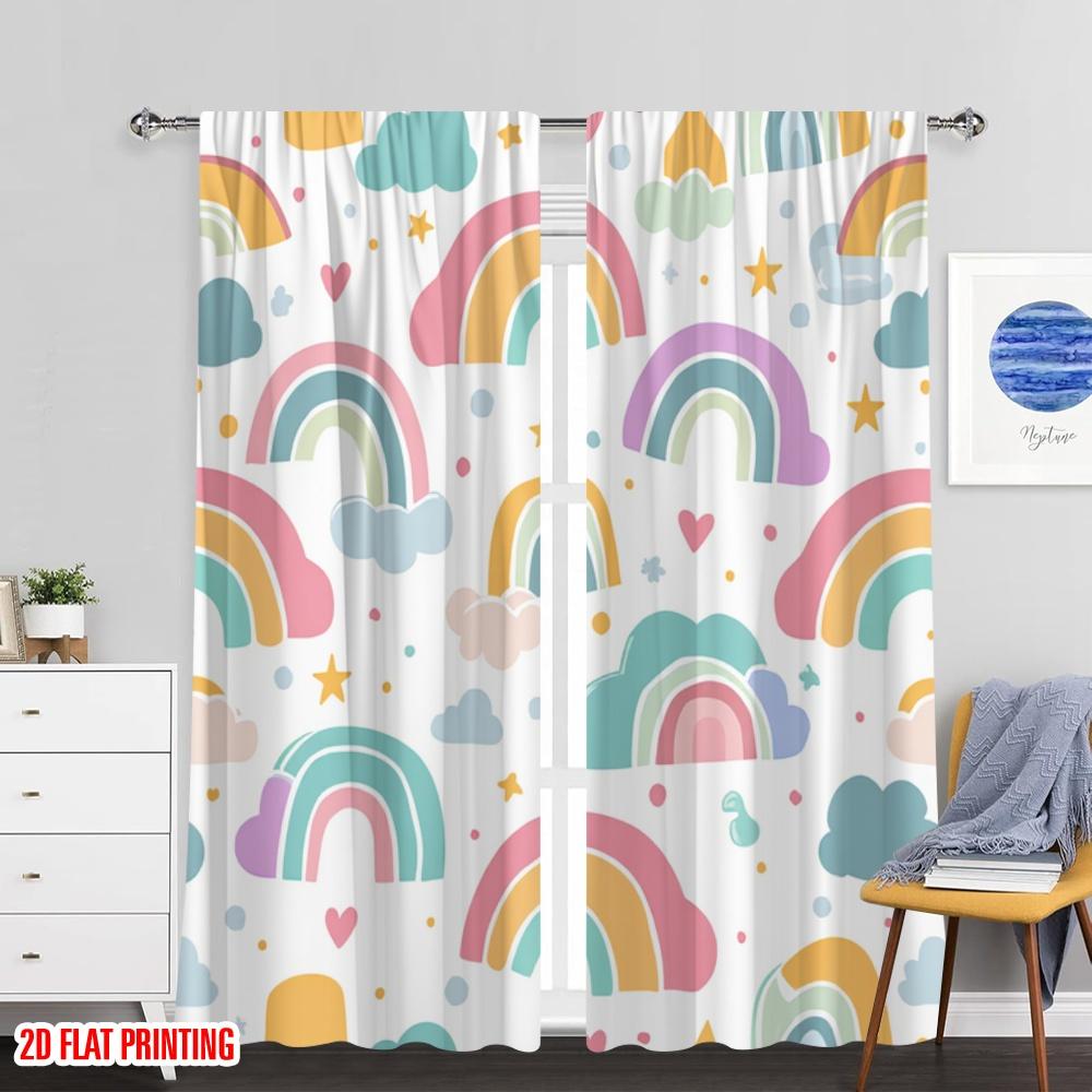 Set Of 2 Flat Printing Curtain Cute Rainbow Cloud Stars Digital Printed Polyester Drapes Holiday Decorations Perfect