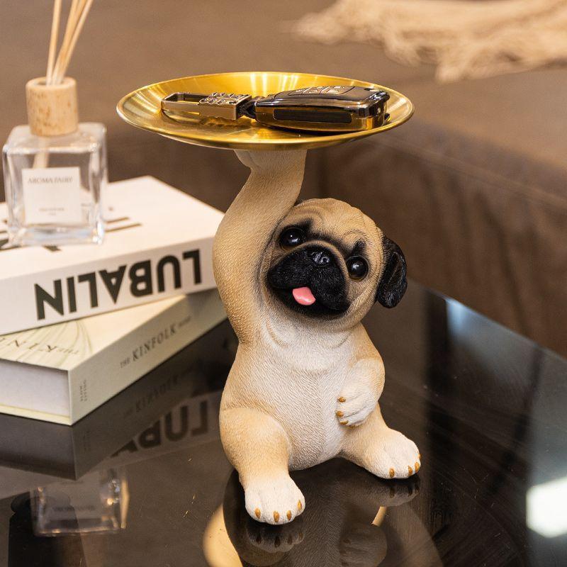 Creative Pug Statue Storage Tray Cute Dog Key Candy Snack Storage Plate Animal Sculpture Ornaments Office Tabletop Decor
