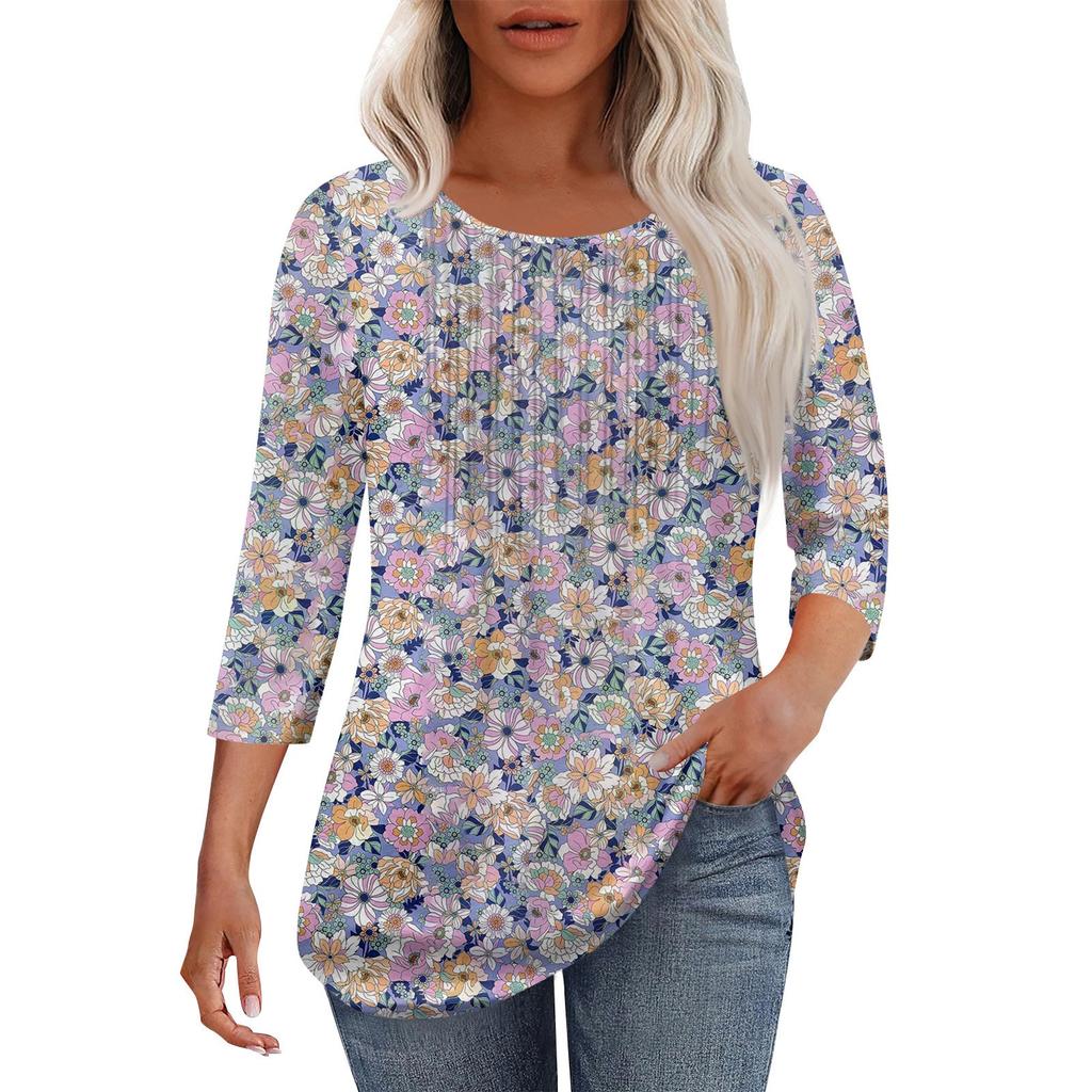 Women's Fashionable Casual Pleated Round Neck Casual Floral Print Seven Quarter Sleeved T-shirt Top