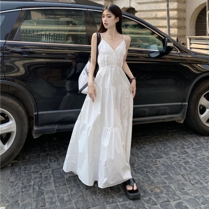 Women's White French Beach V-Neck Spaghetti Strap Maxi Dress