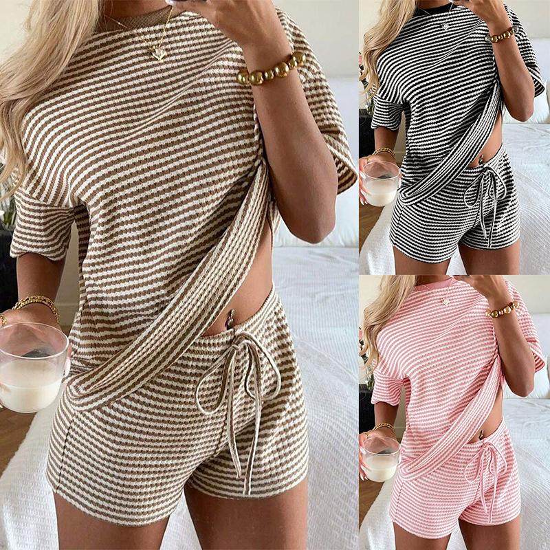 Women Striped Two Piece Set Short Sleeve Top Drawstring Shorts Casual Summer Tracksuit