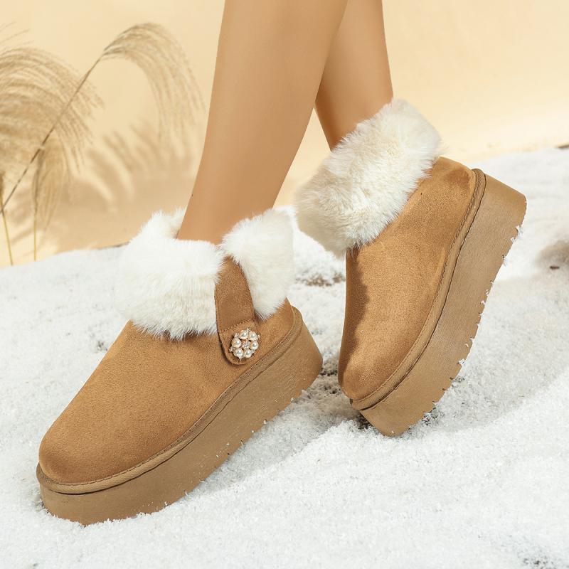 Furry Soft Thick Bottom Snow Boots Women 2025 Winter Warm Fluffy Fur Ankle Boots with Platform Pearl Decoration Designer Shoes