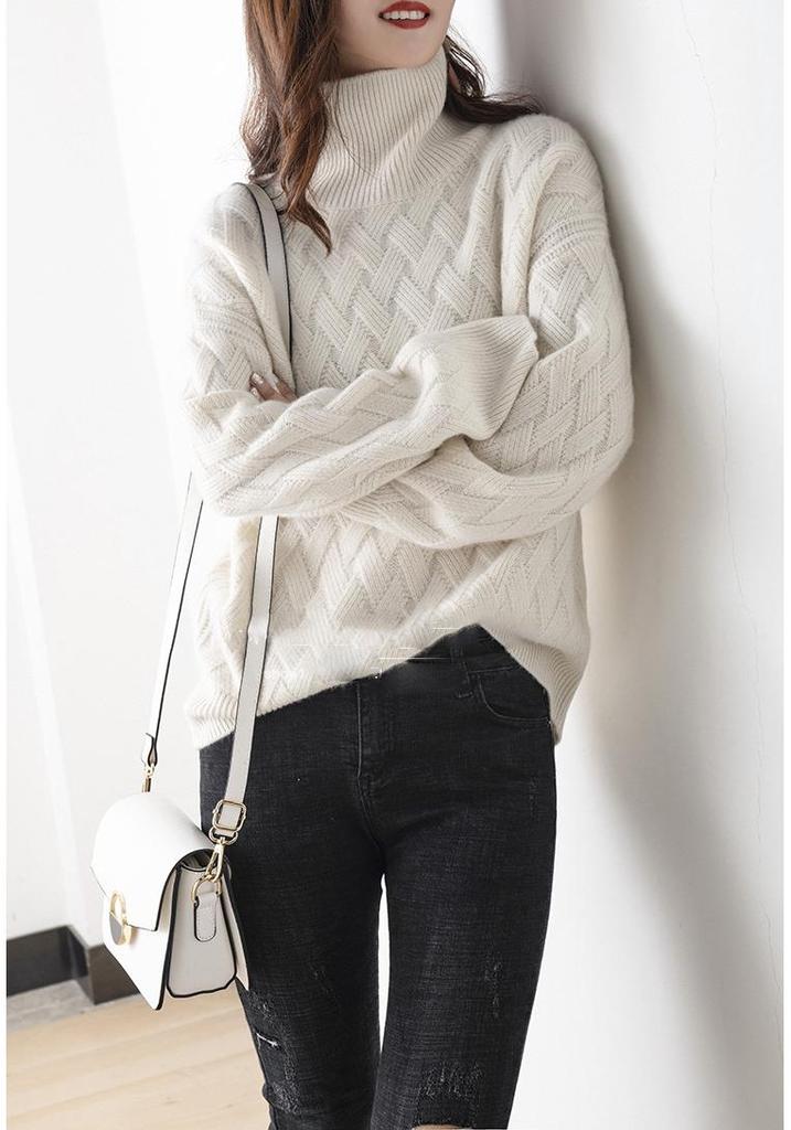 Women's High-Neck Ribbed Knit Sweater - Warm, Thick, Loose Fit for Autumn/Winter 2024, Korean Style