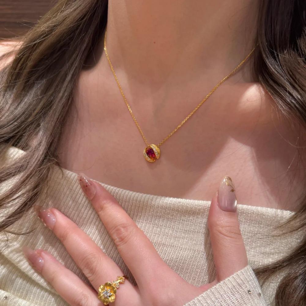 Elegant Suspended Ruby Necklace Women Premium Red Corundum Pendant Fashionable Planet Design