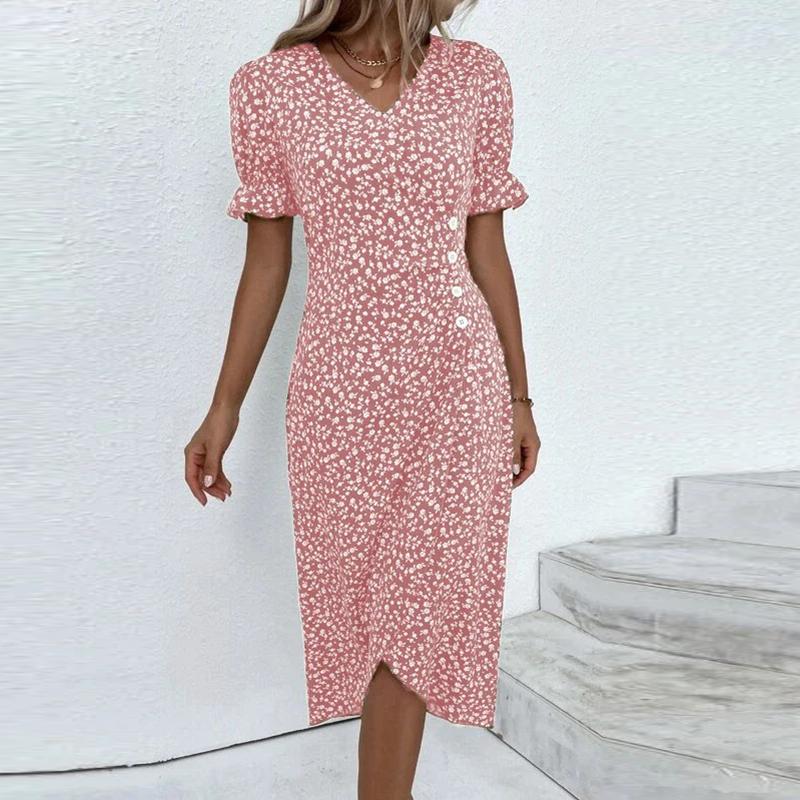 Vestito da ufficio vintage slim boho elegante con stampa floreale, maniche a sbuffo, abito da festa da donna, scollo a V, bottoni drappeggiati, irregolare, a trapezio