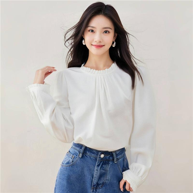 Chic va Shirin Keng Bluzka Frill Qirralari bilan Elegant Koreys Uslubidagi Uzun Yengli Top