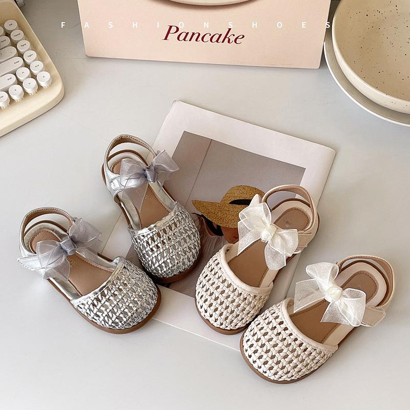 Summer Girls Closed Toe Woven Bird Nest Sandals Hollow Bow Decor Kids Beach Shoes