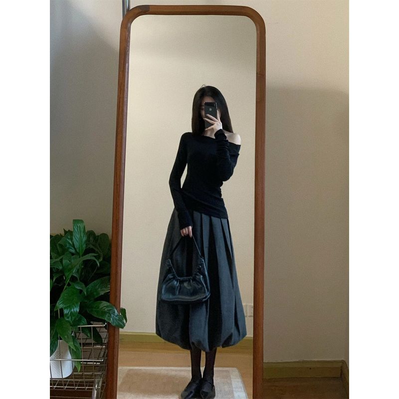 Kumikumi Pure Desire Style Set Sloping Shoulder Temperament Long sleeves Shirt Women Autumn High Waist Slimming Skirt Two-piece Set