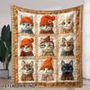 Autumn Cat Pattern Flannel Blanket - Retro Patchwork Style, Warm Soft Anti-Pilling, for Napping Camping