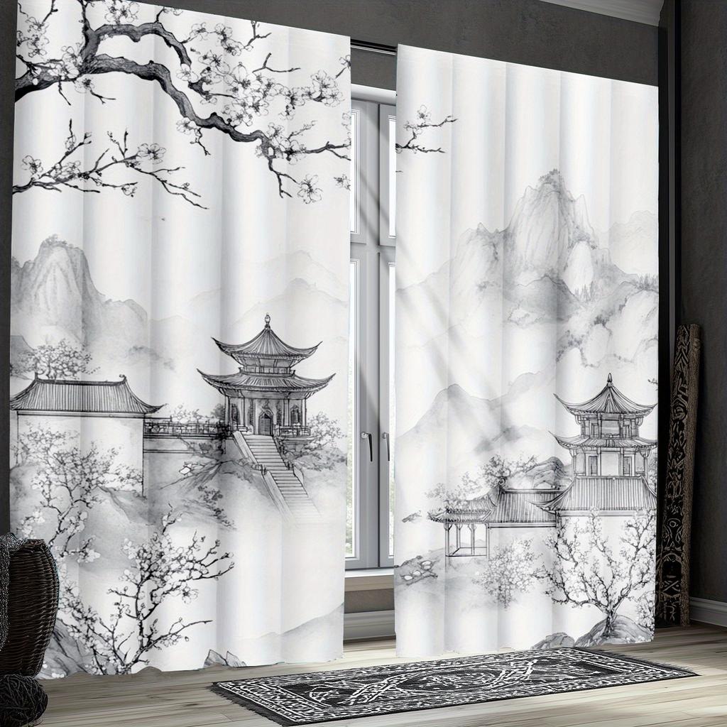 2pcs Asian Red Cherry Blossom Curtains   Traditional Ink Style for Living Room and Bedroom