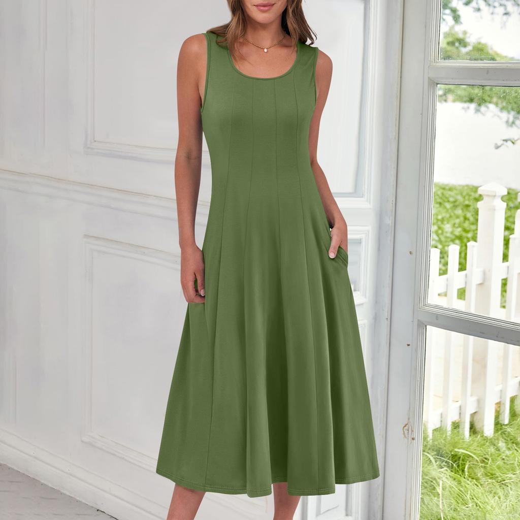 Women's Fashionable Round Neck Sleeveless Solid Color Casual Pullover Mid Length Dress