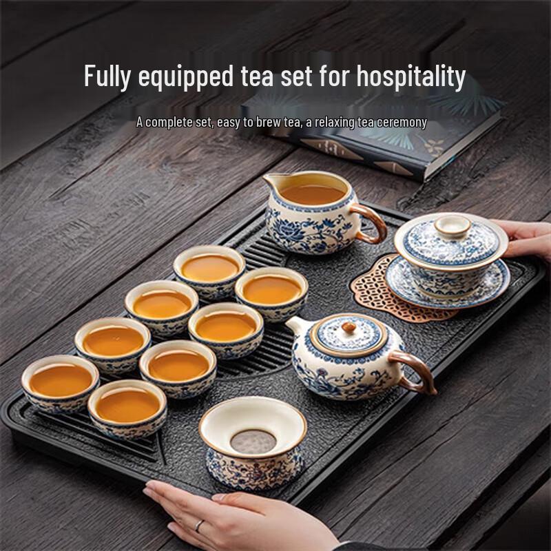 Lainuo Ru Kiln Floral 9-Piece Tea Set with Plate & Gift Box