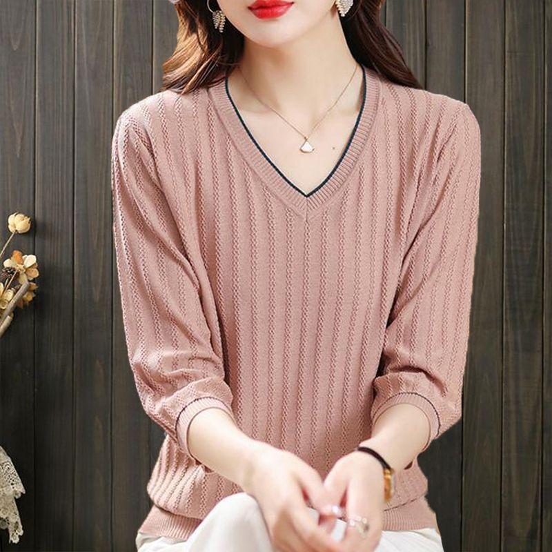 3/4 Sleeve Shirt Women Mid Sleeve Top Ice Silk Knit Thin Mom Spring Base Layer Blouse